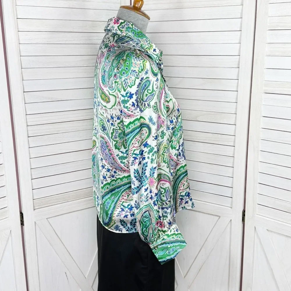 Zara Paisley Satin Button Up Blouse White Multi Small‎
